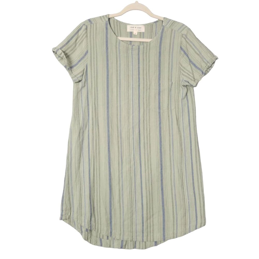 CLOTH & STONE Green Blue Striped Linen Short Sleeve Tunic Dress SIZE SMALL